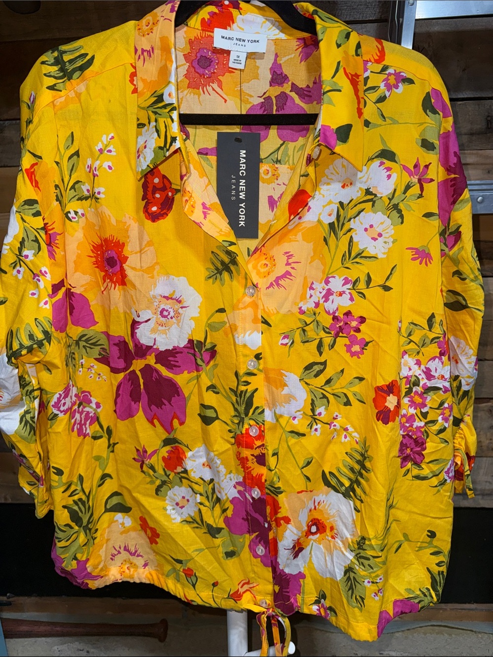 Marc New York Yellow Floral Button-Front Shirt with Tie Hem 1X